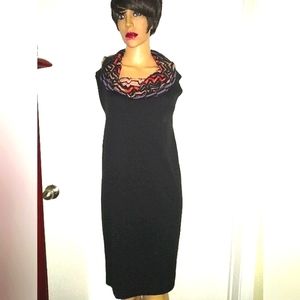 MISSONI 12 KNIT WOOL BLEND BLACK MULTICOL CHEVRON COWL NECK STRAIGHT DRESS ITALY